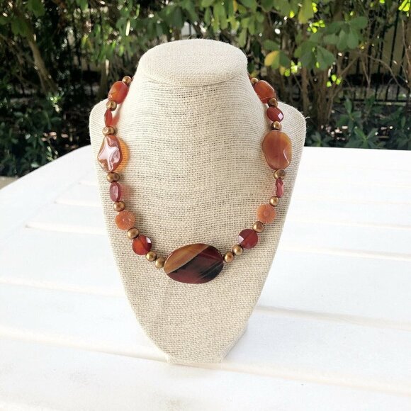 NWT Genuine Carnelian, Agate, Czech Crystal & Pearl Beaded Necklace Orange - Picture 1 of 5